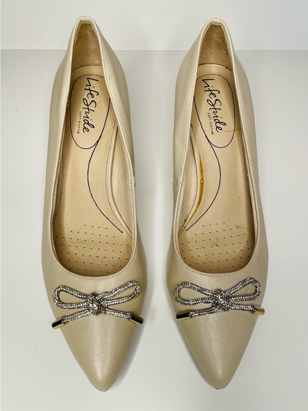 Life Stride Women's Pearl Cream Pointed-Toe Flats with Rhinestone Bow